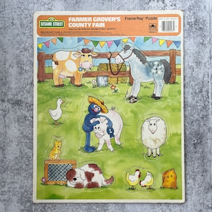 Rompecabezas vintage de Barrio Sésamo, Feria del Condado de Farmer Grover, Rompecabezas con bandeja, Rompecabezas de animales para niños pequeños, Rompecabezas de cartón grueso, Animales de granja, 4H