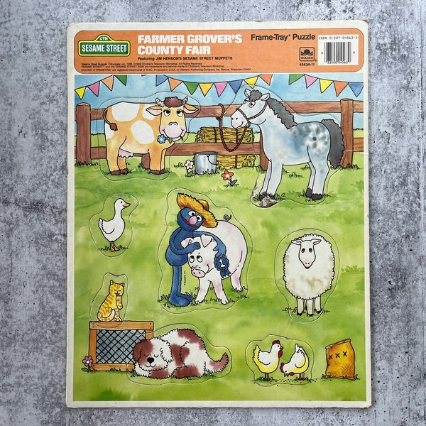 Vintage Sesame Street puzzle, Farmer Grovers County Fair, Frame Tray Puzzle, Toddler Animal Puzzle, Thick Cardboard puzzle, Farm Animals
