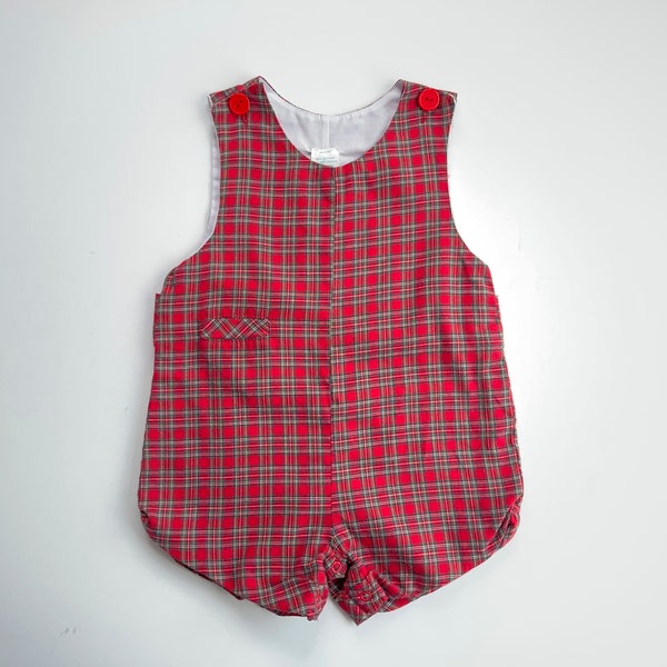 red plaid jon jon, vintage romper, 18M 18 mo, dressy shorts, red and green plaid jon jon, Holiday dress up, fancy boy, retro Xmas christmas