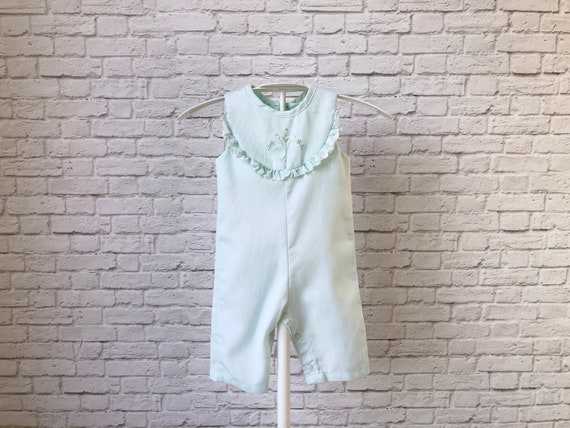Vintage baby romper, 6-9 month 6M, mint green hea… - image 1