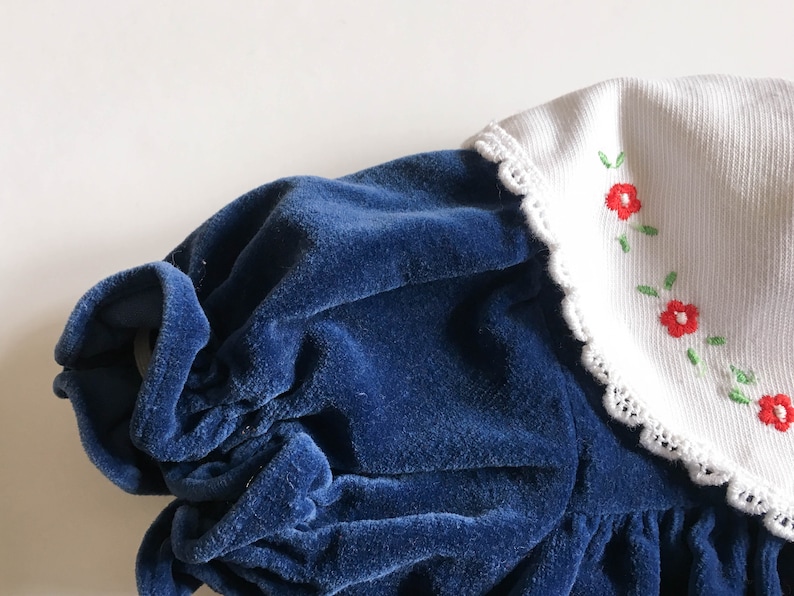 infant sz 6-9 mo 6M 9M cotton velveteen retro swing top Vintage Christmas baby puffy short sleeve Baby velvet dress navy blue 80s 90s