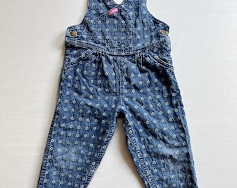 vintage oshkosh toddler overalls, heart flower motif, denim overalls, 2t 3t overalls, flower pattern, pink hearts, oshkosh pattern