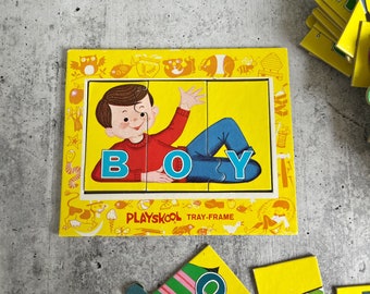 vintage preschool game, reading, playskool words to spell spelling match ups game, preschool spelling activity, 3 to 6 years, frame tray, MB