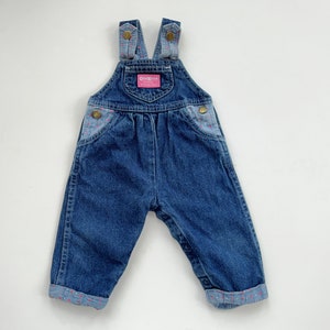 vintage Oshkosh baby overalls, dark wash, flower accents, size 6-9 month, osh kosh b&#39;gosh, chambray pink flower heart detail, cotton, unique