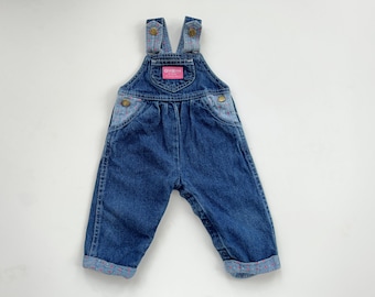 Unique vintage Oshkosh baby overalls, dark wash, flower accents, size 6-9 month, osh kosh b'gosh, chambray pink flower heart detail, cotton