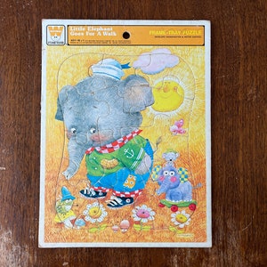 Vintage Whiman Frame Tray Puzzle, Kleiner Elefant geht spazieren, 12-teiliges Kinderpuzzle, Retro-Spielzeug, Elefantpuzzle, Illustration