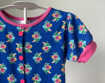 Blue Play Dress, Buster Brown Knit Dress, Toddler, Vintage Drop Waist, Floral Pattern, 80s 90s Dress, Girls size 3 4 5, Pink Flowers