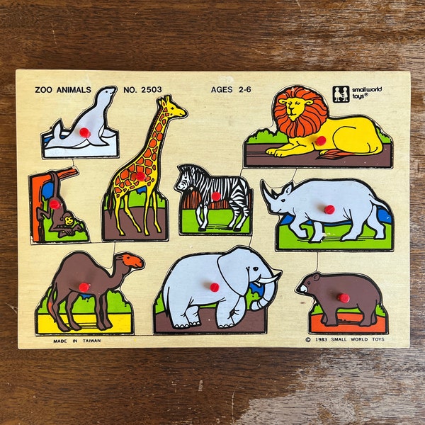 Vintage Zoo Animals Puzzle, 80s Small World Toys, Vintage Wood Toddler Frame Tray Puzzle, Preschool animal puzzle, Lion, Elephant, Giraffe