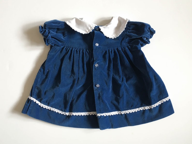 infant sz 6-9 mo 6M 9M cotton velveteen retro swing top Vintage Christmas baby puffy short sleeve Baby velvet dress navy blue 80s 90s