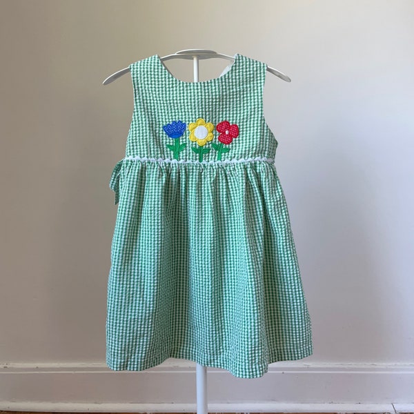 Vintage sundress, Girls Seersucker dress, Samara Green Gingham, Gingham Seersucker, girls size 6, bright flower applique