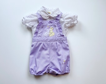 vintage bunny outfit, 2 piece romper, peter pan collar shirt, infant 6-9 months outfit, purple lilac romper, kissing bunnies, bunny applique