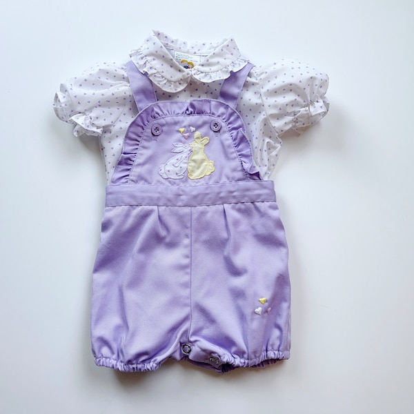 vintage bunny outfit, 2 piece romper, peter pan collar shirt, infant 6-9 months outfit, purple lilac romper, kissing bunnies, bunny applique