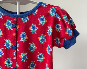 Vintage röd stickad blommig klänning för småbarn, Buster Brown, lekklänning, vintage sänkt midja, blommönster, 80-90-talsklänning, flickstorlek 3 4 5