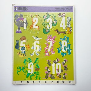 70er Zahlenpuzzle, Vintage Tiere, Kleinkind Zählpuzzle, Rahmentablett-Puzzle, Kinderrahmentablett-Puzzle, Regenbogen funktioniert Karton, Zahlen