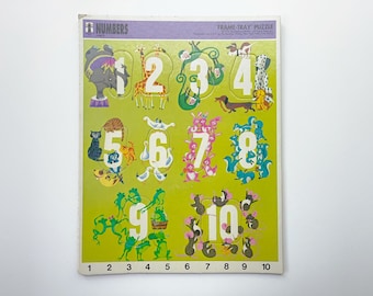 70s Number Puzzle, Vintage Animals, Toddler Counting Puzzle, Frame Tray Puzzle, kids frame tray puzzle, Rainbow works cardboard, Numbers