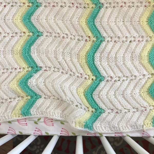 Pastel Baby Blanket, Vintage afghan, accent throw with tassels, nursery, shower gift, soft crochet, mint green yellow white, infant, chevron