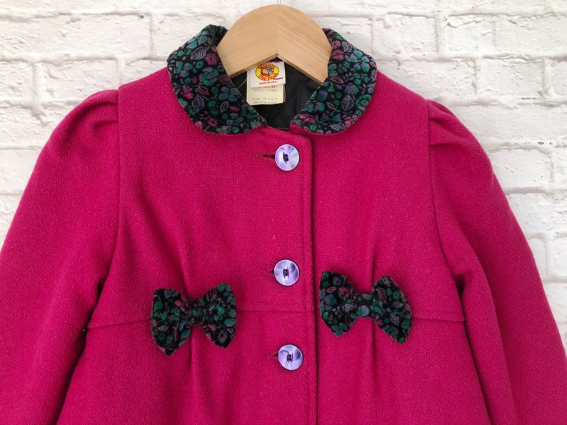 vtg 3T 3 winter coat hat set hot pink Magenta wool blend lined swing coat toddler girl coat velvet collar bows winnie the pooh bonnet