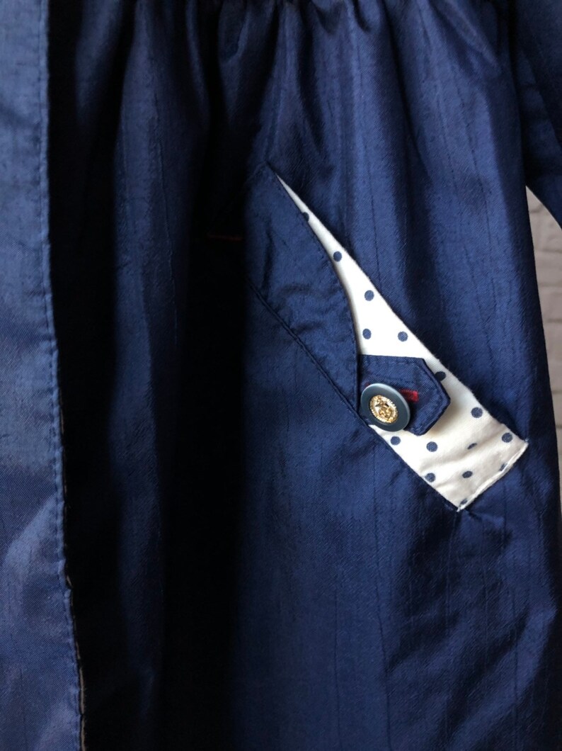 polka dot lined 80s 90s Vintage Girls Raincoat toddler coat Rothschild sz S 4 4T hooded midi navy blue white nautical anchor buttons