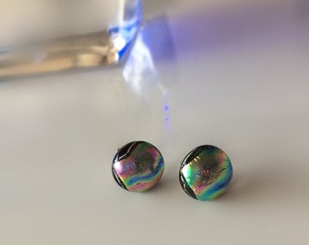 Dichroic ear studs-rainbow colored earrings for women-Dutch design jewellery-fused rond glass-Valentine birthday gifts-jewelry glass studs