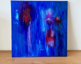 Abstract schilderij blauw rood, Amsterdam verf en alcohol ink, uniek kunstwerk, origineel acryl op canvas, decoratie voor in huis