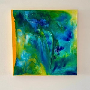 Abstract painting in green and blue and yellow, wall art, original work, amsterdam acrylic paint, texture on canvas, interior decoration