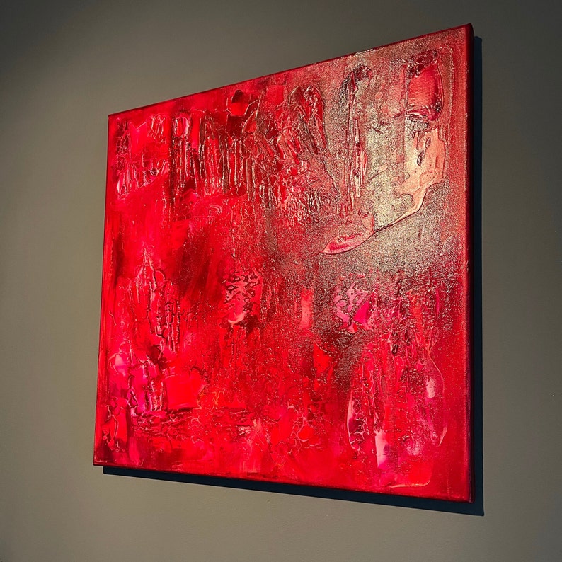Rood origineel schilderij, acryl met alcohol ink, kunst aan de muur, uniek abstract werk, verf Amsterdam, kleur textuur, mixed media afbeelding 3
