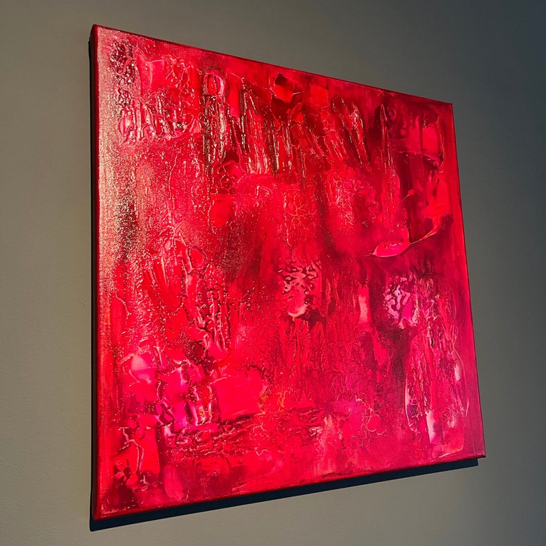 Rood origineel schilderij, acryl met alcohol ink, kunst aan de muur, uniek abstract werk, verf Amsterdam, kleur textuur, mixed media image 5