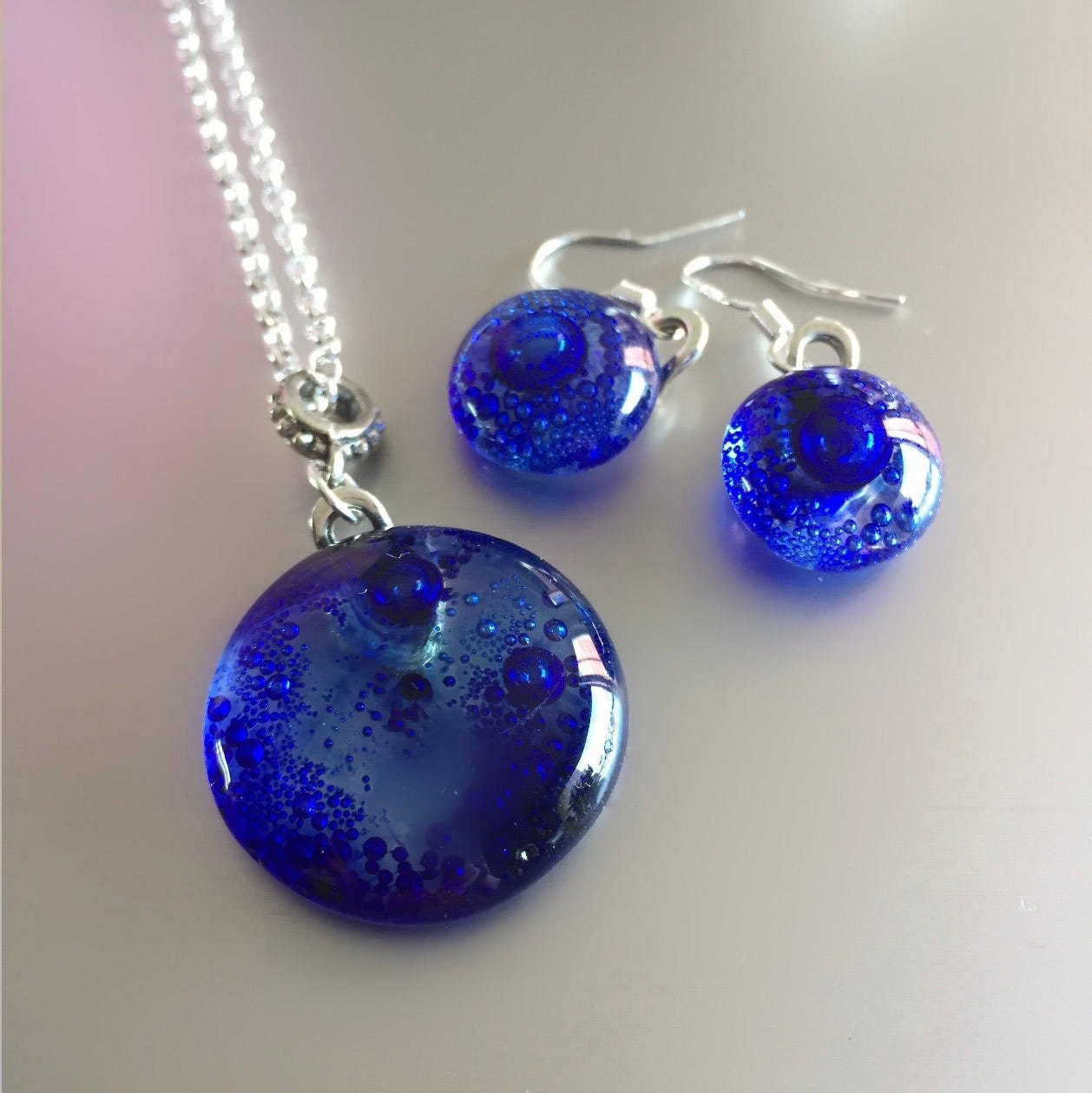 Pendant and earrings blue-unique jewelry gift-bubble glass jewellery-fused glass pendant-Dutch gifts-silver necklace