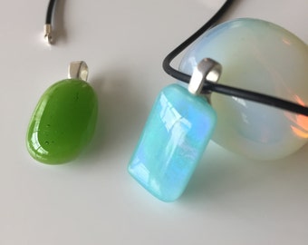 Two little glass pendants-turquoise green jewelery-cute glass disign-women gifts-fused birthday pendant-black wax chain-Jewelry for her