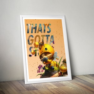 May include: A yellow and brown cartoon bee with a cute face is wearing a yellow and white bee costume. The bee is sitting on a rock with flowers and a honeycomb. The text "That's Gotta Sting" is written in a colorful font on a yellow background.