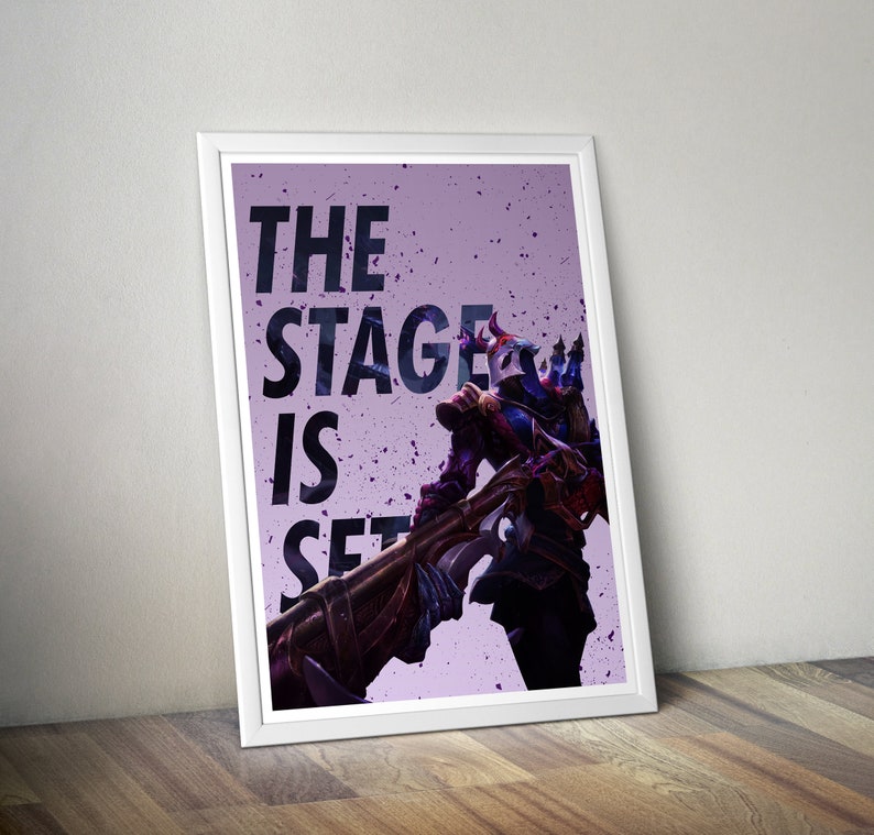 May include: A purple and black poster with the text "THE STAGE IS SET" and a character from a video game holding a weapon.