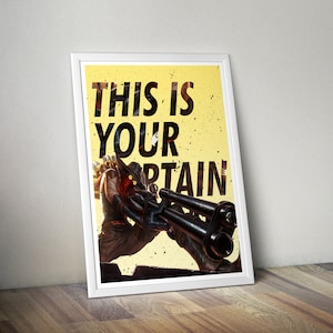 May include: A yellow poster with a character holding a large gun. The text on the poster reads "This is your captain."