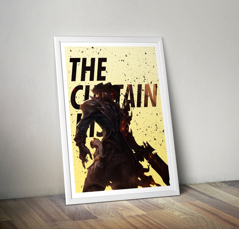 May include: A poster with a yellow background and black text that reads "THE CAPTAIN IS". A dark figure with a gun is in the center of the poster.