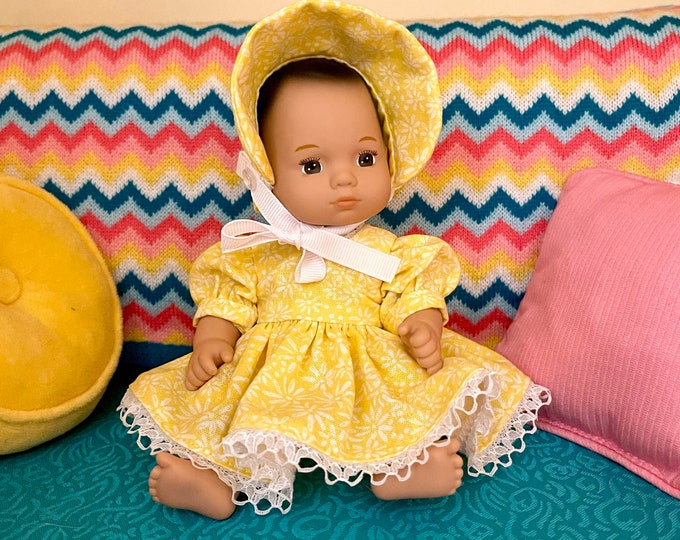 Vintage Yellow Print Dress, Bonnet & Bloomers for AG 8 inch Baby Doll (Made To Order 2 week turn around time)