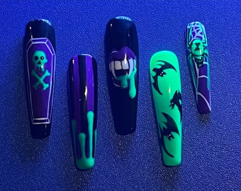 Vamp Camp Blacklight Nails- Halloween nails, coffin nails, stiletto nails, press ons, fake nails, glue on, press-on, goth nails, spooky