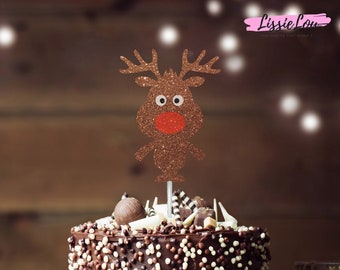 Cute Reindeer Christmas Cake Topper Glitter Card