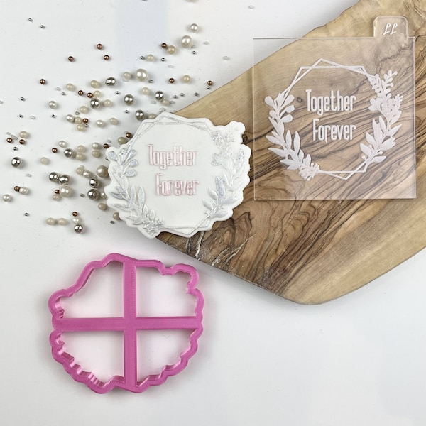 Together Forever Floral Hexagon Cookie Cutter and Embosser, Valentines Cookie Cutter, Fondant Embosser, Love Cookie Cutter, Heart Embosser