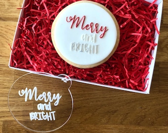 Merry and Bright Christmas Cookie Embosser, Acrylic Fondant Stamp