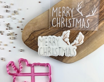 Merry Christmas with Antlers Cookie Cutter and Embosser, Christmas Cookie Cutter, Merry Christmas Cookie Embosser, Xmas Cookie Stamp,