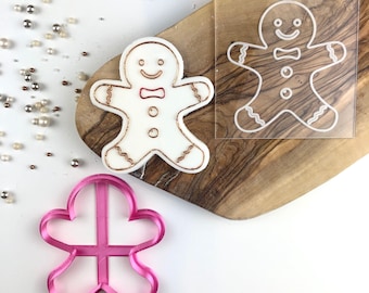 Cortador de galletas de jengibre Man y embosser, cortador de galletas de Navidad, grabador de galletas de Feliz Navidad, sello de galletas de Navidad, sello de glaseado