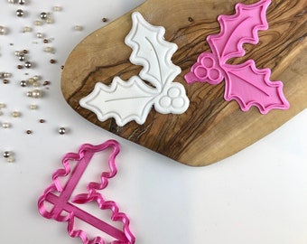 Christmas Holly Cookie Cutter and Stamp, Christmas Cookie Cutter, Merry Christmas Cookie Embosser, Xmas Cookie Stamp, Icing Stamp