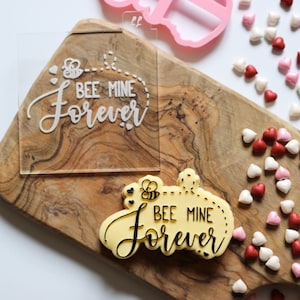 Bee Mine Forever Valentine&#39;s Cookie Cutter and Embosser, Valentines Cookie Cutter, Fondant Embosser, Love Cookie Cutter, Heart Cookie Stamp