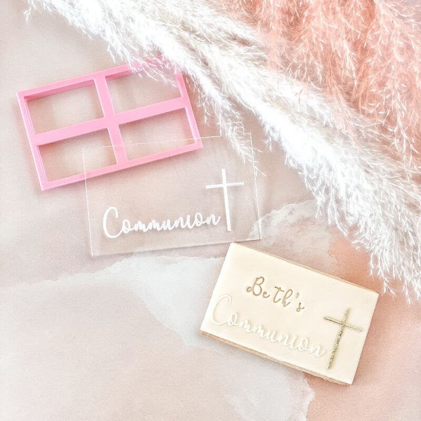 Communion with Cross AlphaBakes Cookie Cutter and Embosser, First Communion Cookie Stamp, Letters on a Bar Stamp, Communion Embosser