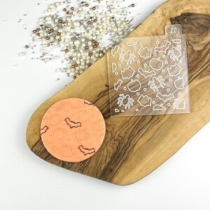 May include: A clear plastic stencil with a Halloween theme. The stencil features bats, pumpkins, and spiders. A round orange fondant cookie is decorated with the same design.
