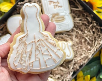 Elegante trouwjurk koekjesvormer en embosser – koekjesstempel vrijgezellenfeest, bloemenbruiloftkoekje, feestbedankje meneer en mevrouw