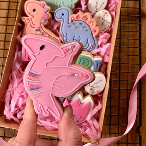 Peut inclure: Une boîte de biscuits en forme de dinosaure rose, bleu et vert. Les biscuits sont décorés de pépites et de glaçage. Les biscuits sont dans une boîte avec du papier de soie rose et blanc.