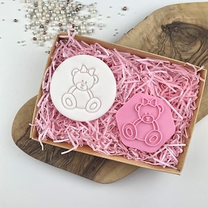 Female Sitting Teddy Bear with Bow Cookie Stamp, Baby Shower Cookie Stamp, Baby Cookie Cutter, Fondant Stamp, Gender Reveal Cookie Embosser