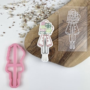 Woman Holding Presents Cookie Cutter and Embosser, Christmas Cookie Cutter, Merry Christmas Cookie Embosser, Cookie Stamp