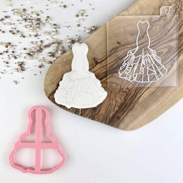 Elegant Wedding Dress Cookie Cutter and Embosser, Wedding Cookie Embosser, Floral Stamp, Mr and Mrs Cookie Cutter, Bridal Party Cutter