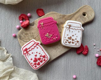 Mini Jar of Hearts Cookie Cutter and Embosser, Valentines Cookie Cutter, Love Cookie Cutter, Fondant Icing Stamp, Love Heart Cookie Embosser